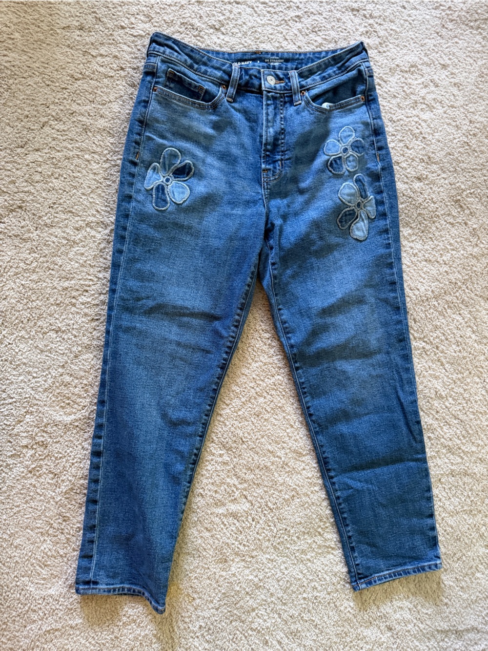 Old Navy Blue High Rise OG Straight Jeans with Floral Appliqué